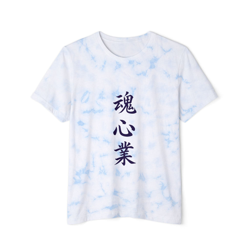 A white short-sleeve crewneck t-shirt with a light blue marble tie-dye pattern and vertical black Japanese characters printed on the front.