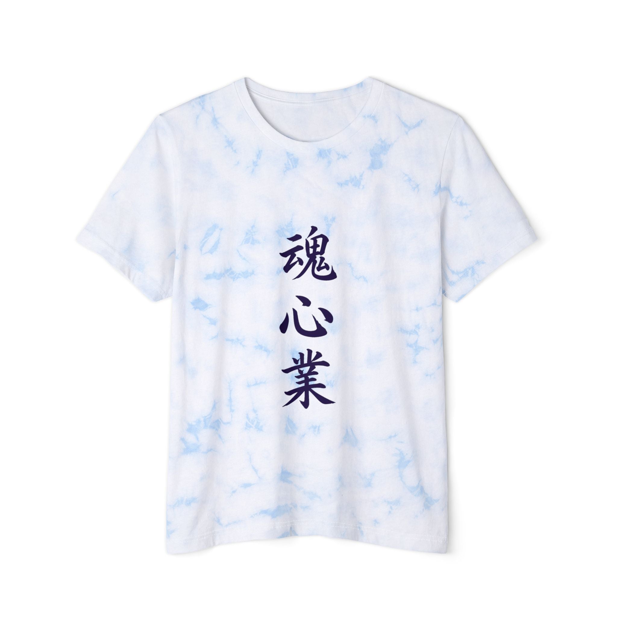 A white short-sleeve crewneck t-shirt with a light blue marble tie-dye pattern and vertical black Japanese characters printed on the front.