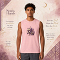 Man wearing a pink Soul & Hands sleeveless muscle tank featuring a purple-and-gold kanji soul design.