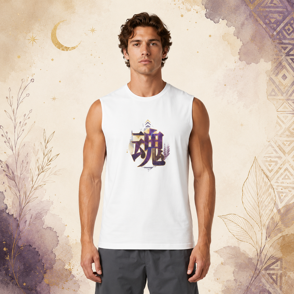 Man wearing a white Soul & Hands muscle tank with a centered purple-and-gold kanji soul graphic.