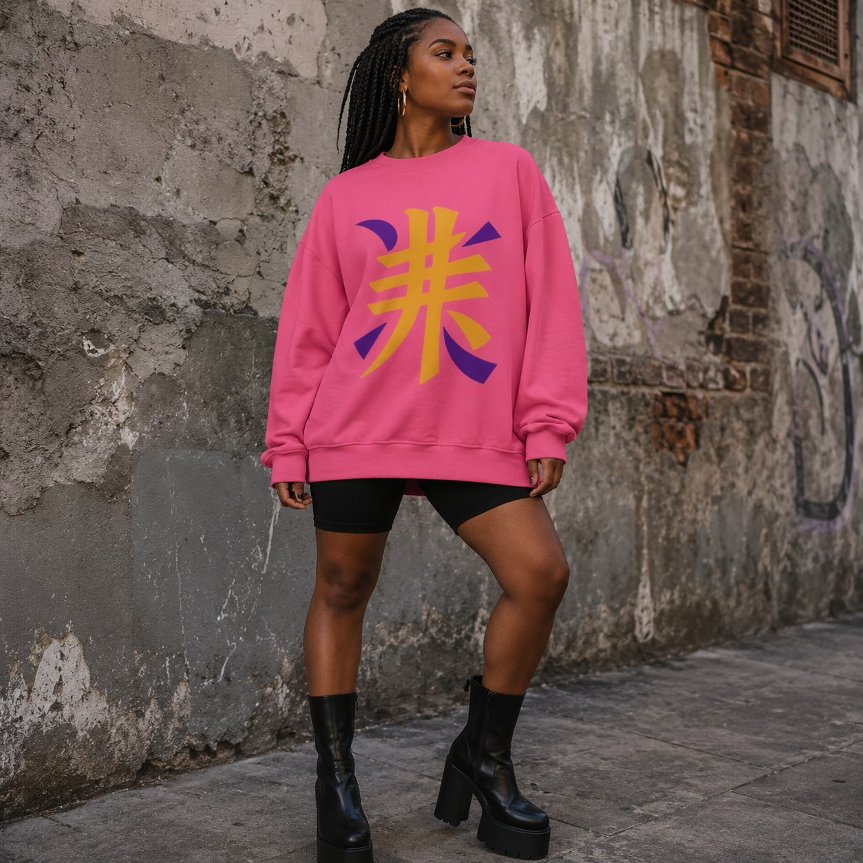 Black woman wearing an oversized pink crewneck sweatshirt with a bold gold and purple Japanese kanji design, styled with biker shorts and platform boots.
