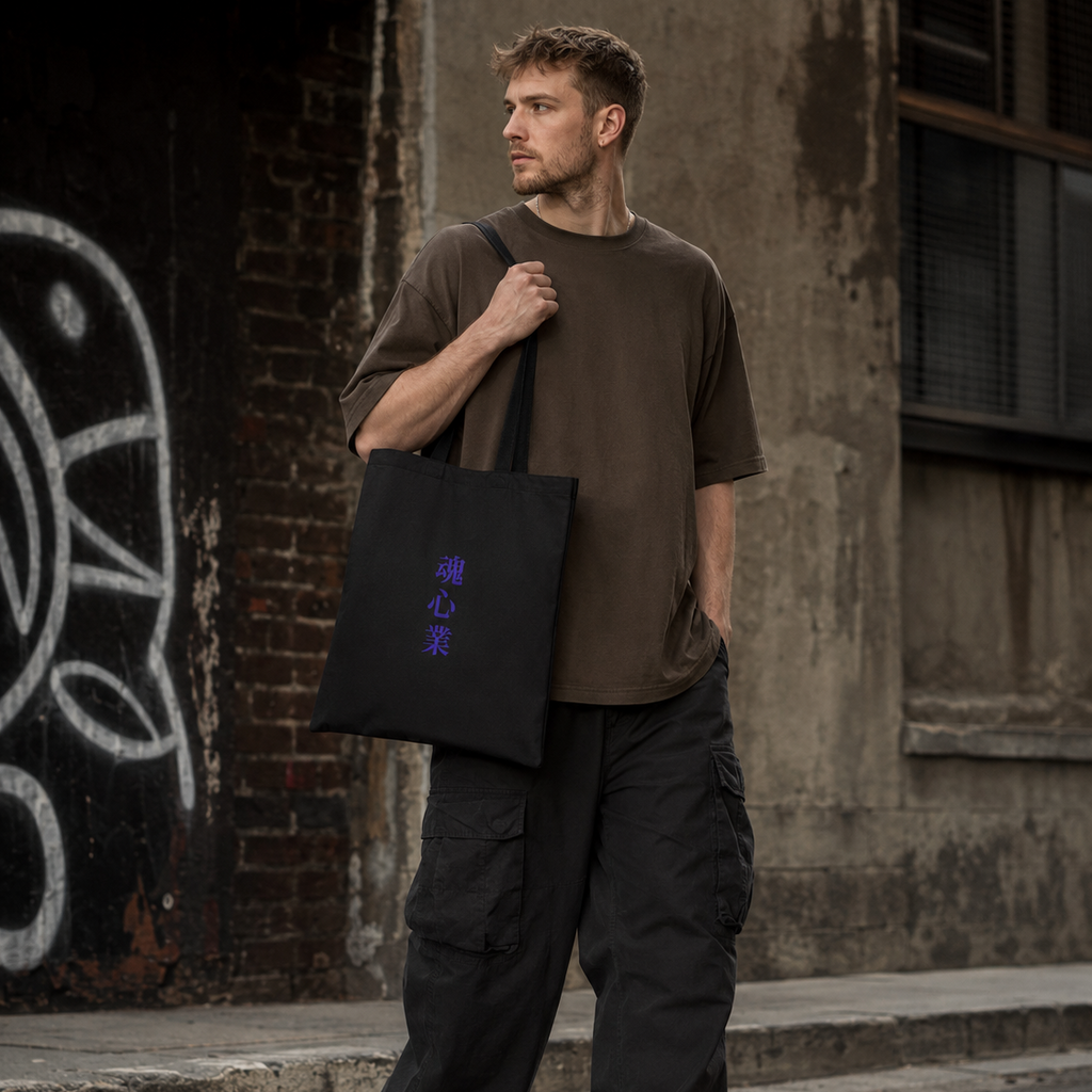 Man carrying a black Soul & Hands canvas tote bag with vertical purple Japanese kanji lettering.