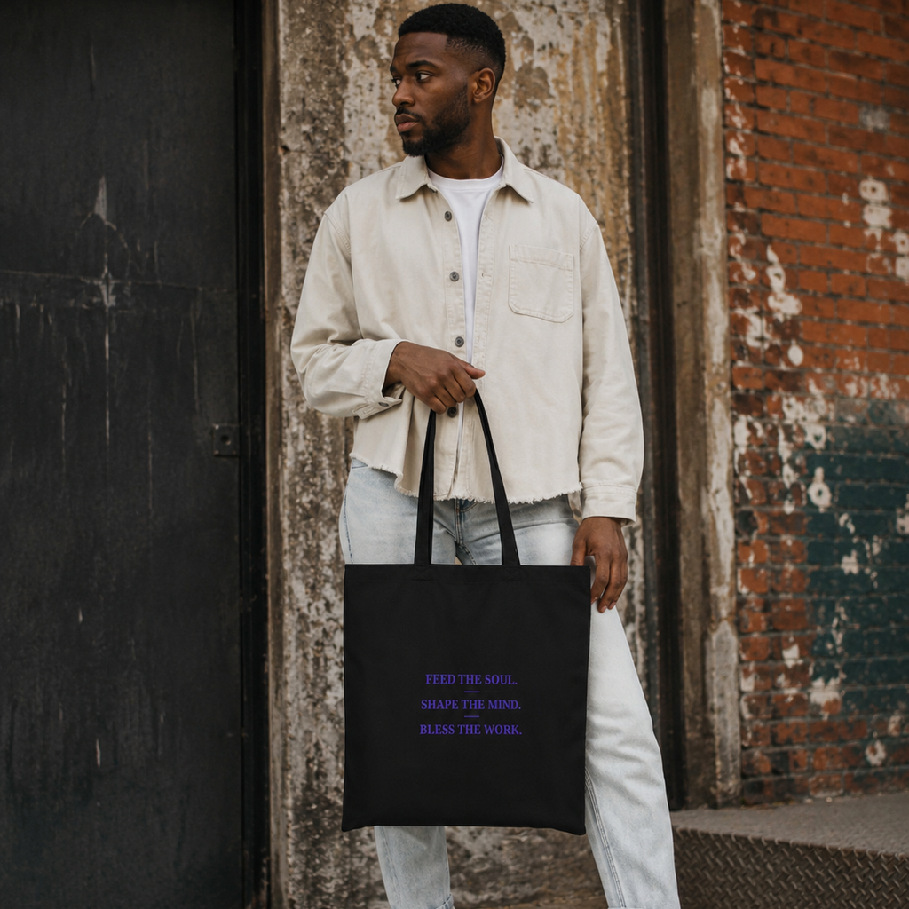 Man carrying a black Soul & Hands canvas tote with purple Feed the Soul, Shape the Mind, Bless the Work text.