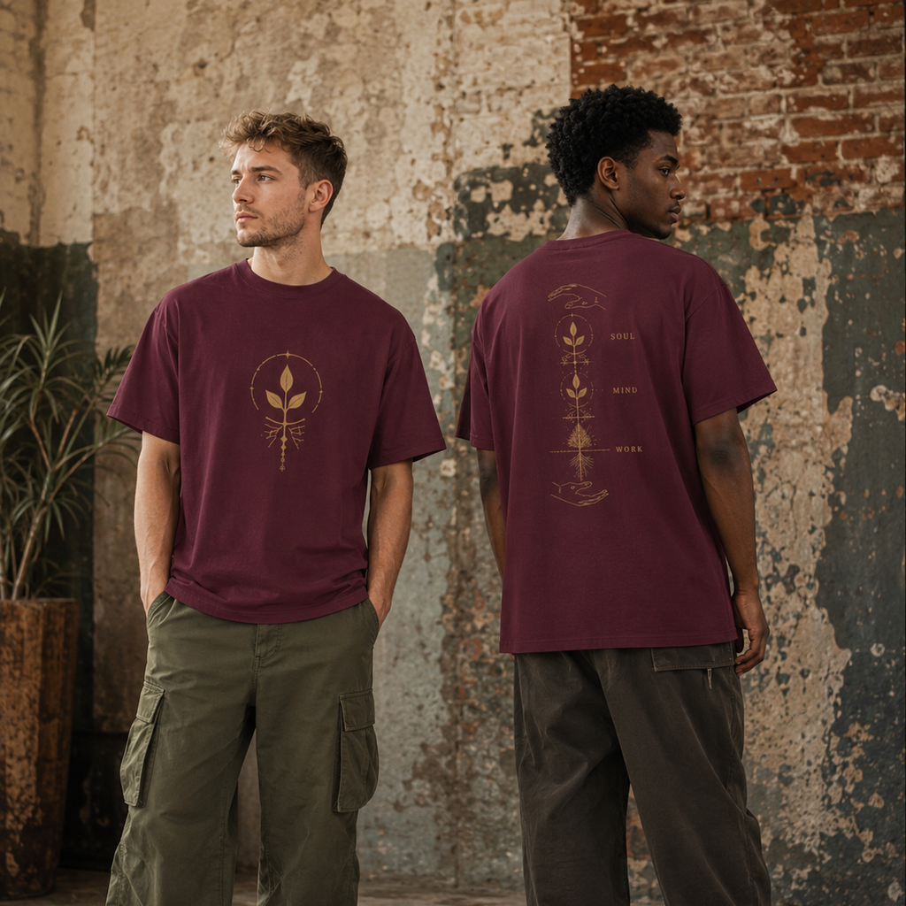 Two men wearing burgundy Soul & Hands T-shirts, showing a gold botanical front emblem and Soul, Mind, Work back graphic.