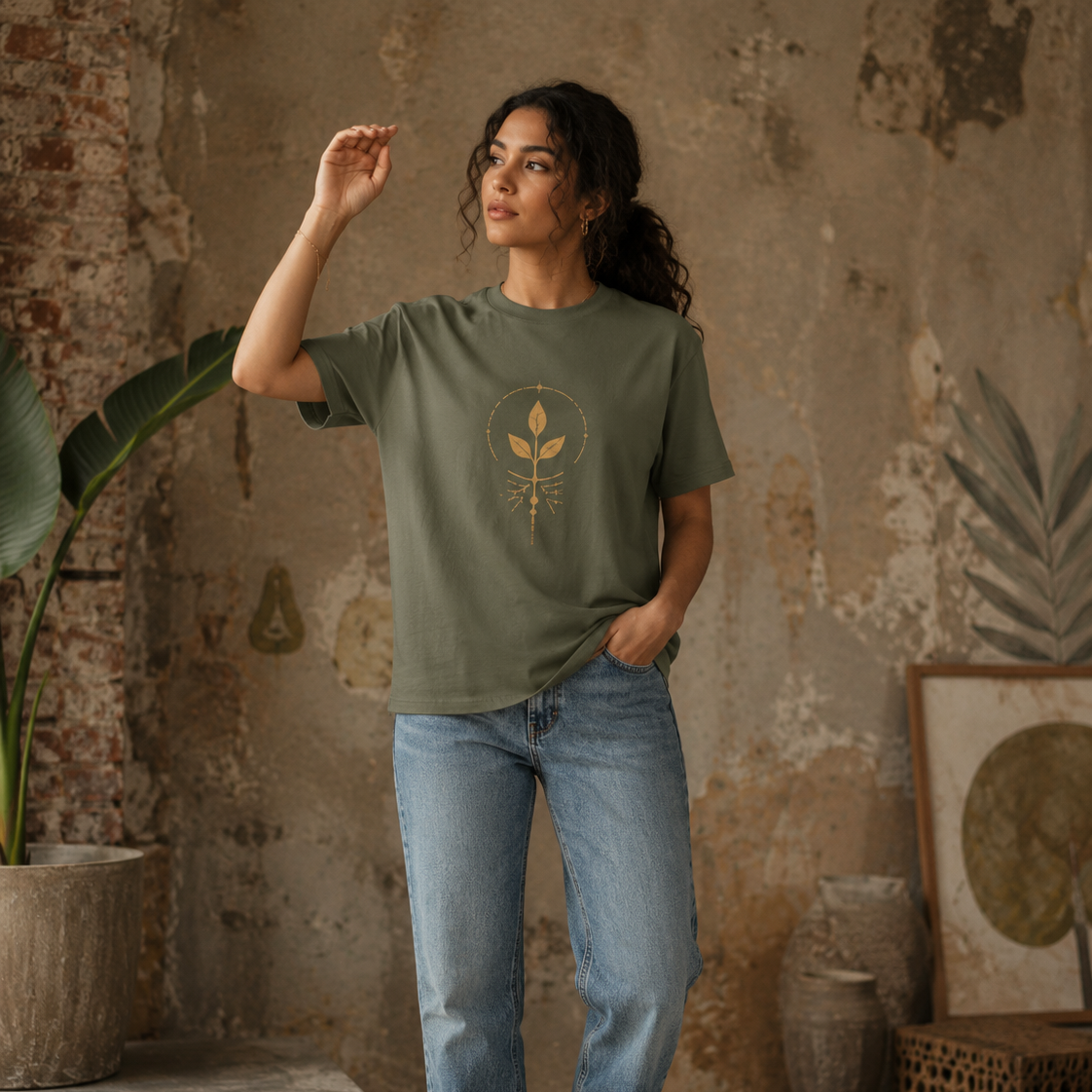 Woman wearing an olive green Soul & Hands T-shirt with a centered gold botanical leaf-and-root graphic.