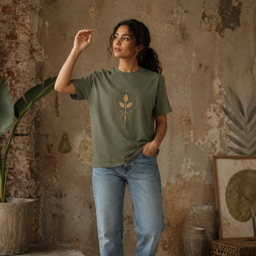 Woman wearing an olive green Soul & Hands T-shirt with a centered gold botanical leaf-and-root graphic.