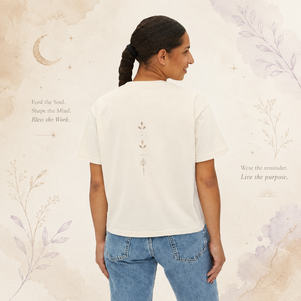 Back view of a woman wearing an ivory Soul & Hands boxy T-shirt with a small vertical botanical motif.