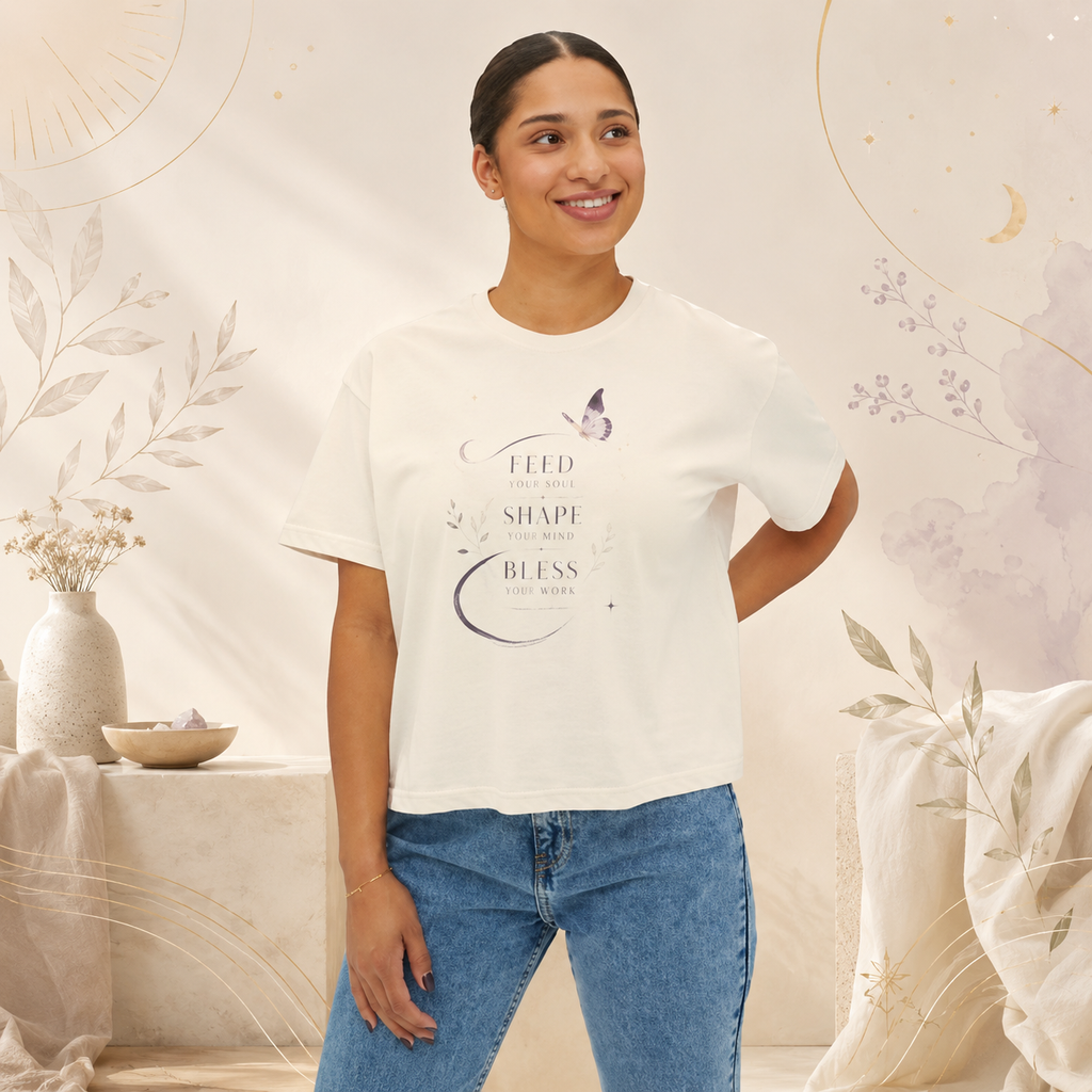 Woman wearing an ivory Soul & Hands boxy T-shirt with a butterfly and Feed, Shape, Bless front graphic.