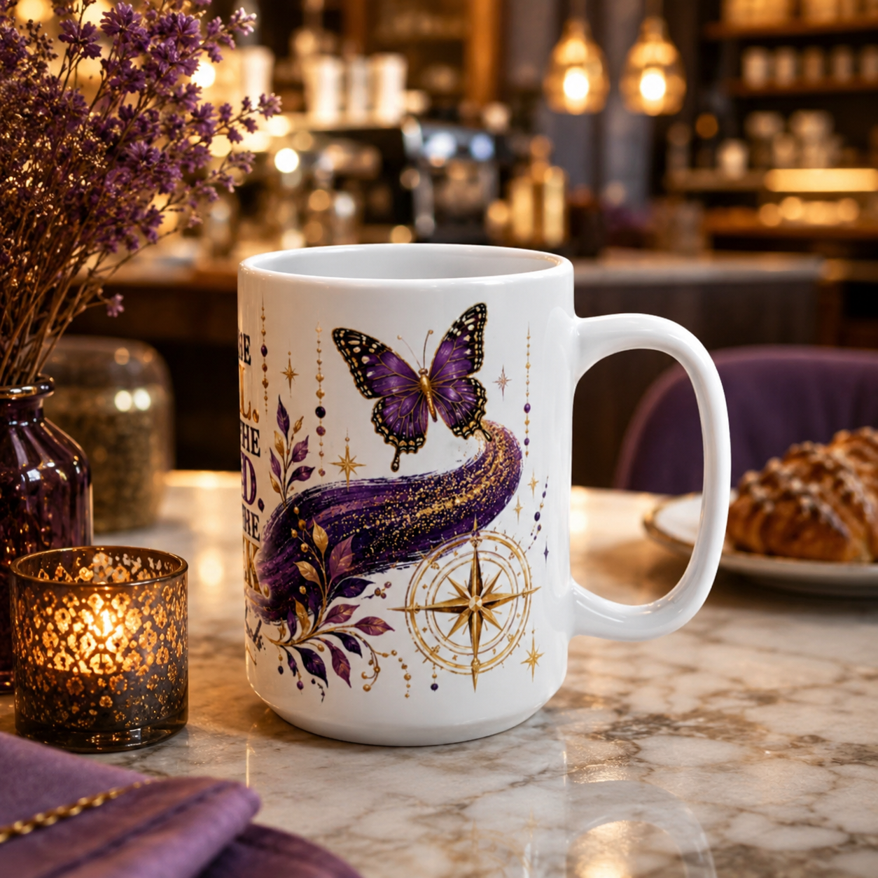 White mug with butterfly design on a marble counter in a cozy setting