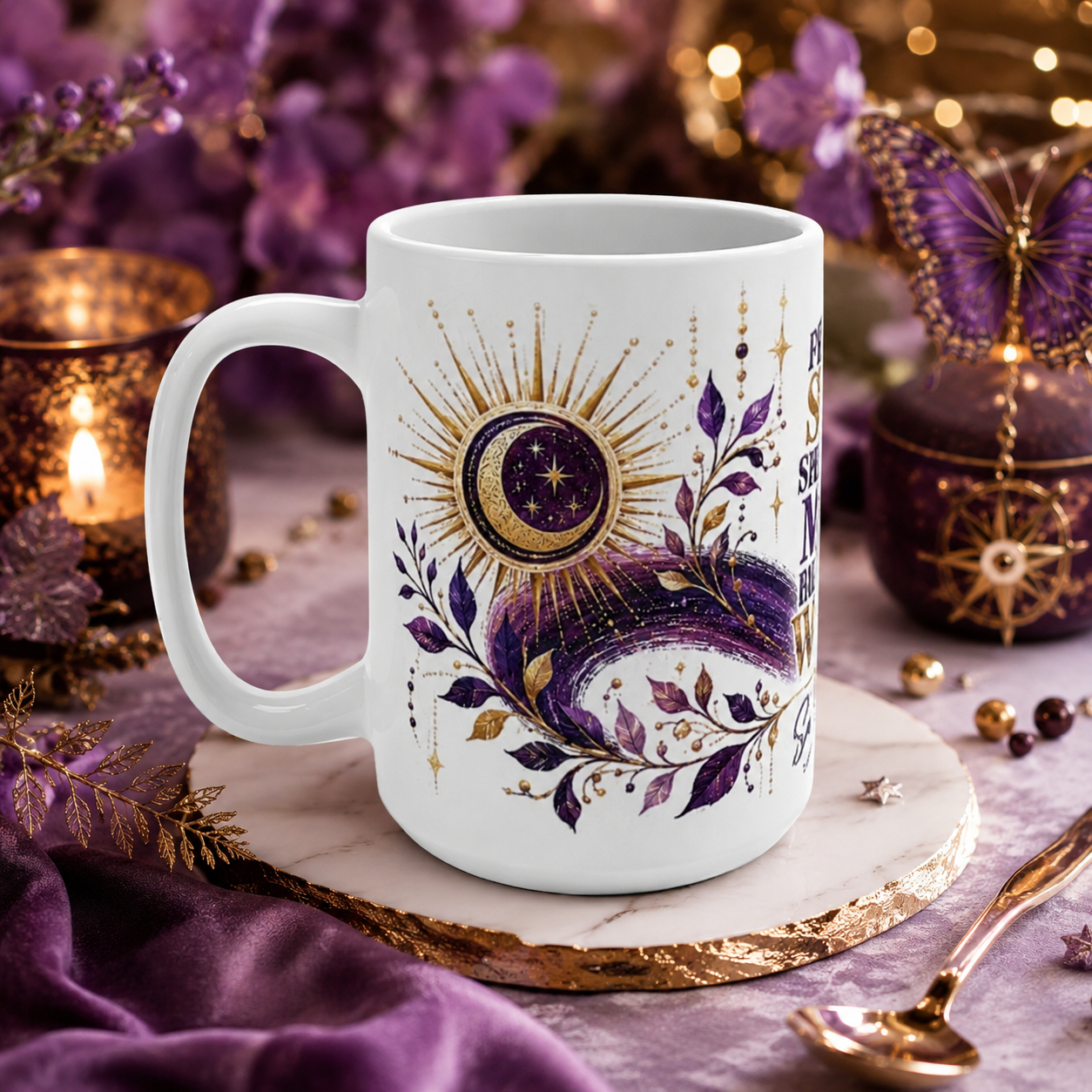 White mug with celestial design on a purple surface with decorative elements