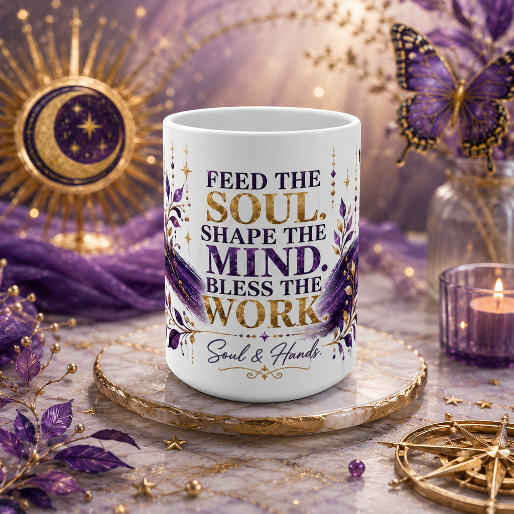 White mug with motivational quote surrounded by decorative elements on a table.