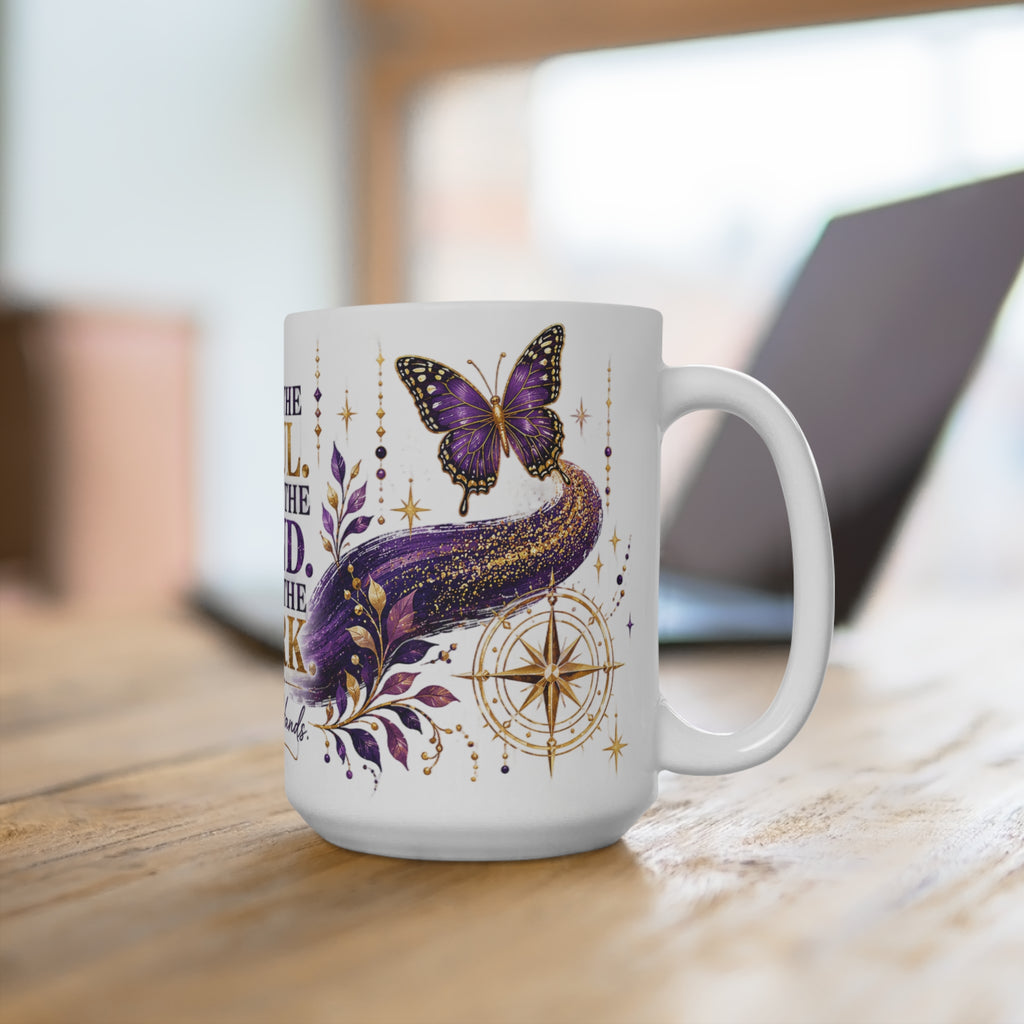 White mug with purple butterfly and floral design on a wooden surface