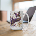 White mug with purple butterfly and floral design on a wooden surface