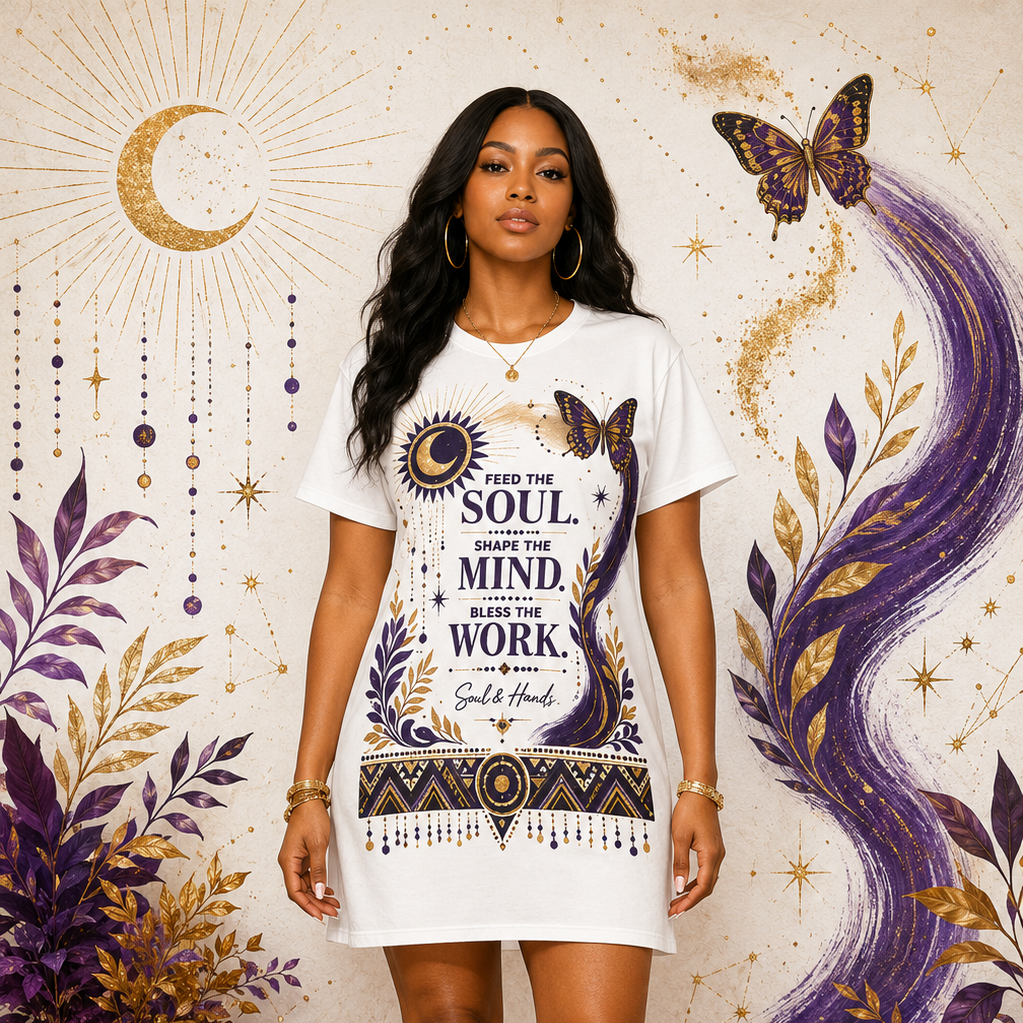 Front view of a woman wearing a white Soul & Hands T-shirt dress with purple-and-gold celestial, butterfly and botanical artwork.