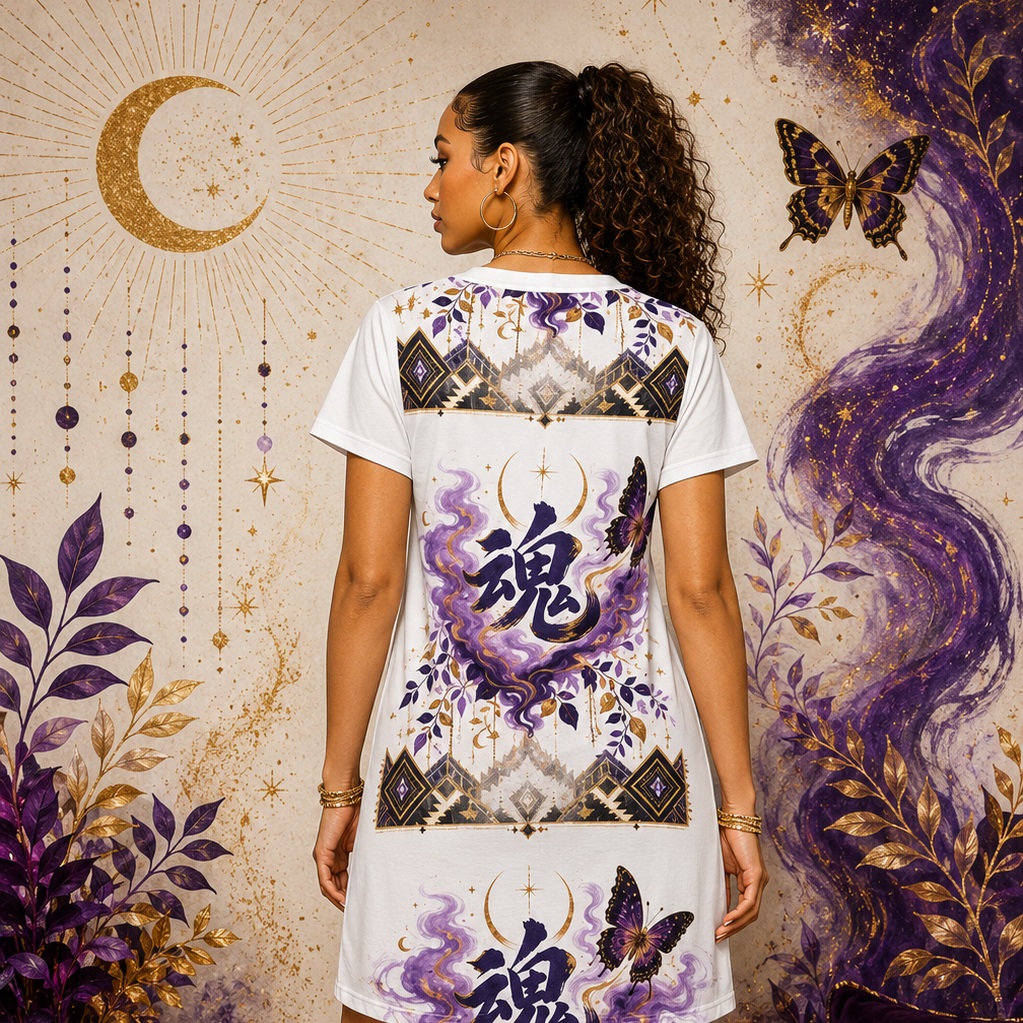 Back view of a white Soul & Hands T-shirt dress featuring a purple-and-gold kanji soul symbol, crescent moon and butterfly design.
