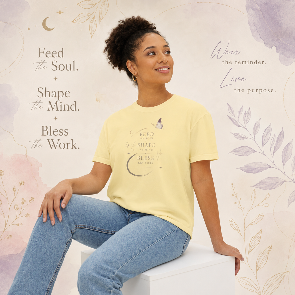 Woman wearing a butter-yellow Soul & Hands boxy T-shirt with a crescent, butterfly and inspirational front graphic.