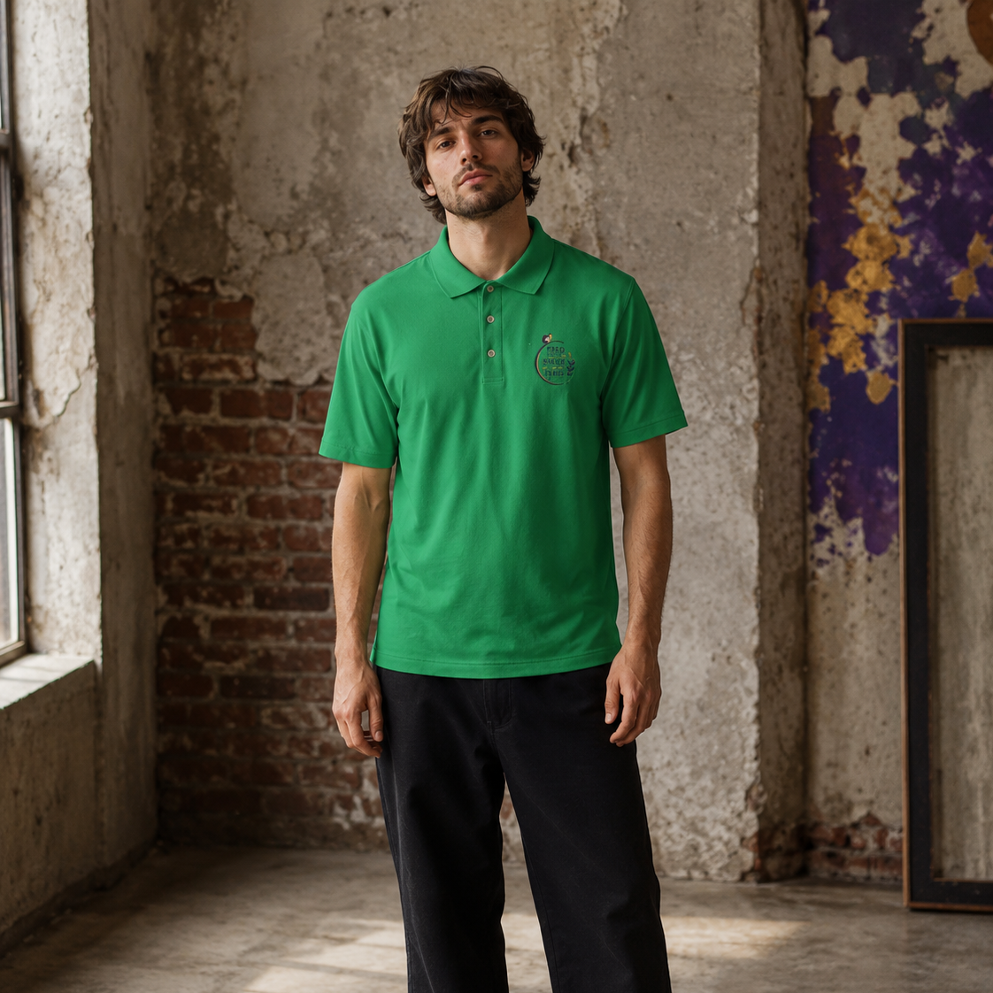 Man wearing a green Soul & Hands polo shirt with a small Feed the Soul, Shape the Mind, Bless the Work chest graphic.