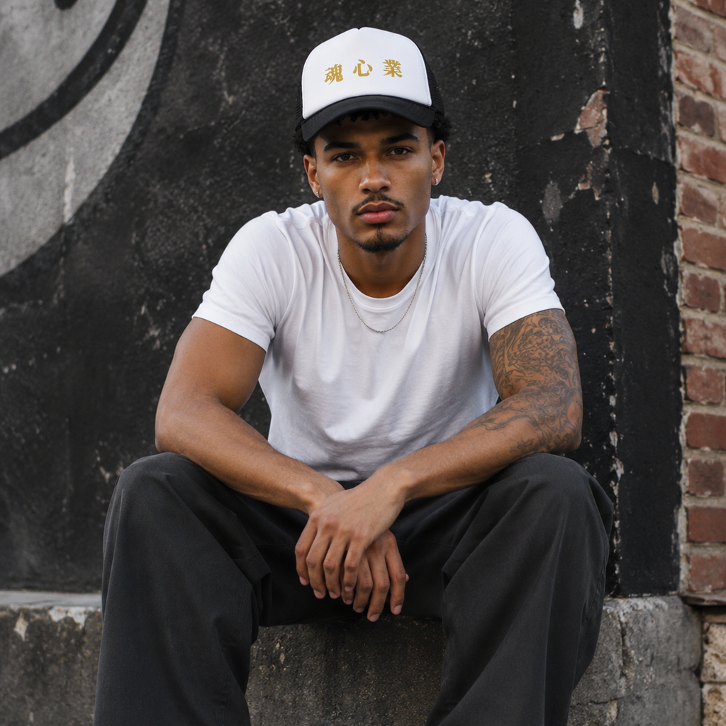 Man wearing a white-and-black Soul & Hands trucker cap with gold Japanese kanji lettering.