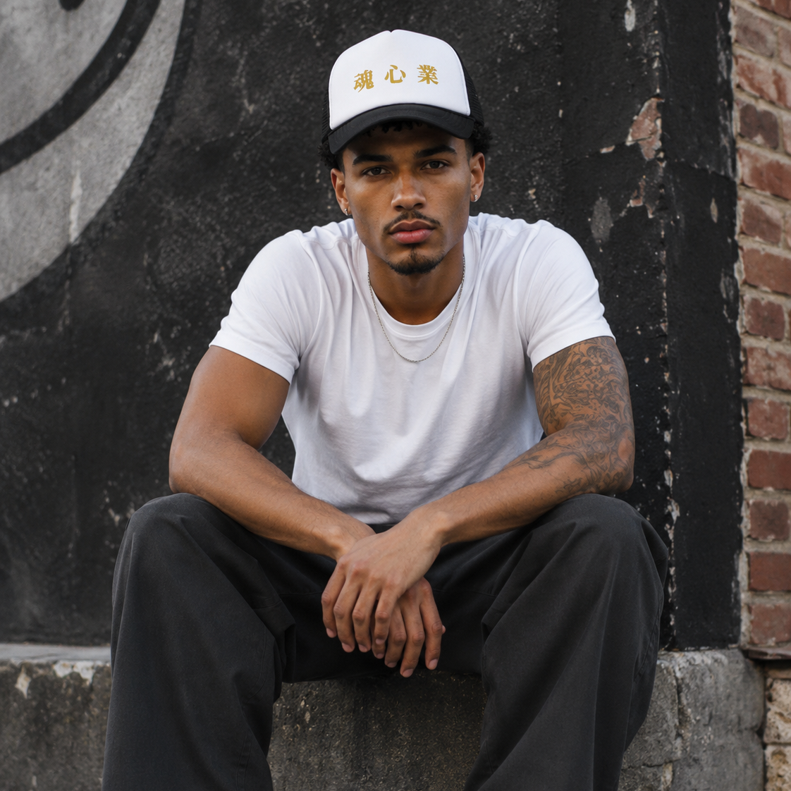 Man wearing a white-and-black Soul & Hands trucker cap with gold Japanese kanji lettering.