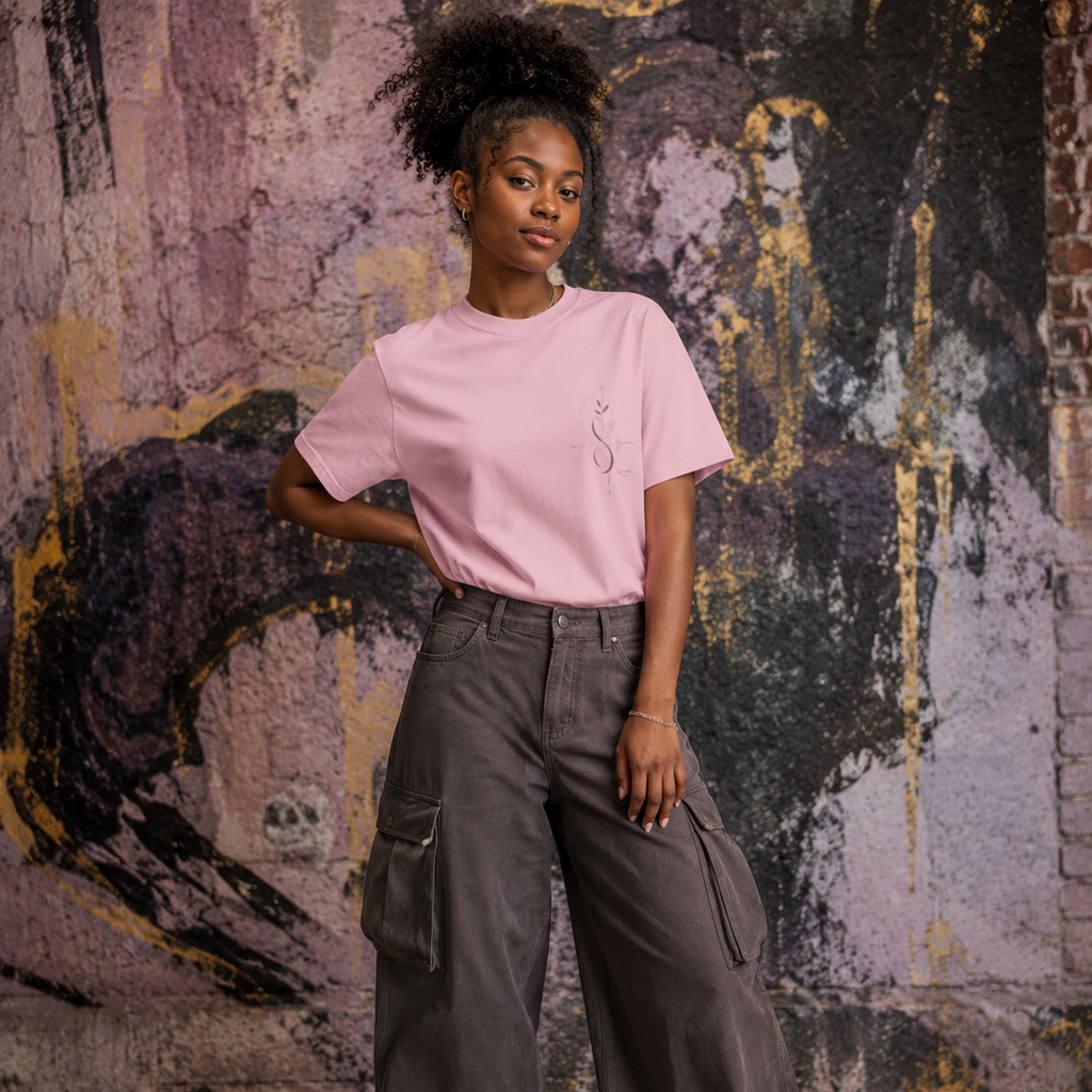 Woman wearing a pink Soul & Hands T-shirt with a small botanical infinity emblem on the left chest.