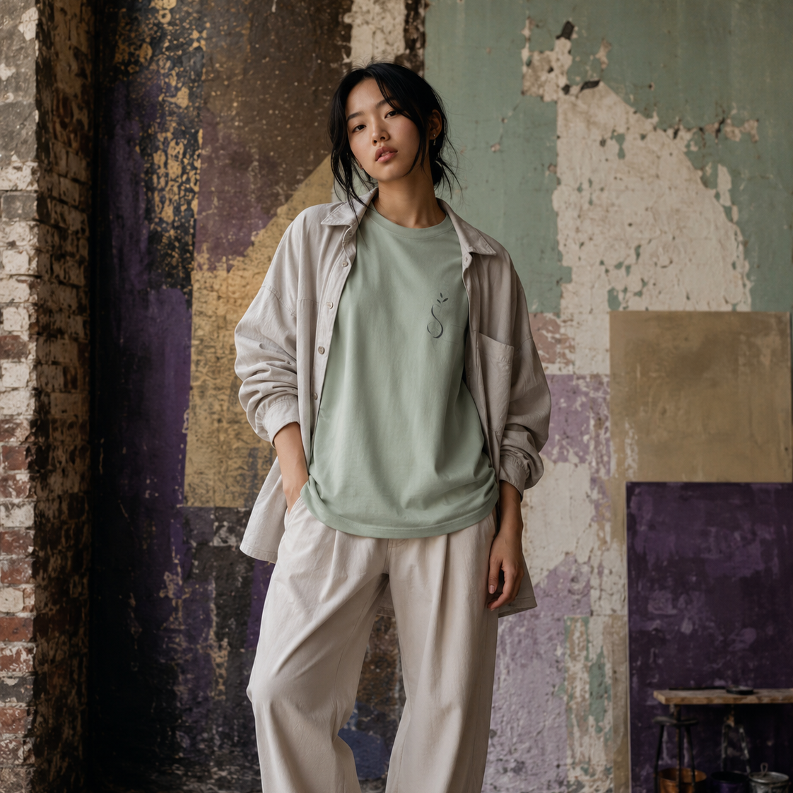 Woman wearing a sage green Soul & Hands T-shirt with a small botanical infinity emblem on the left chest.