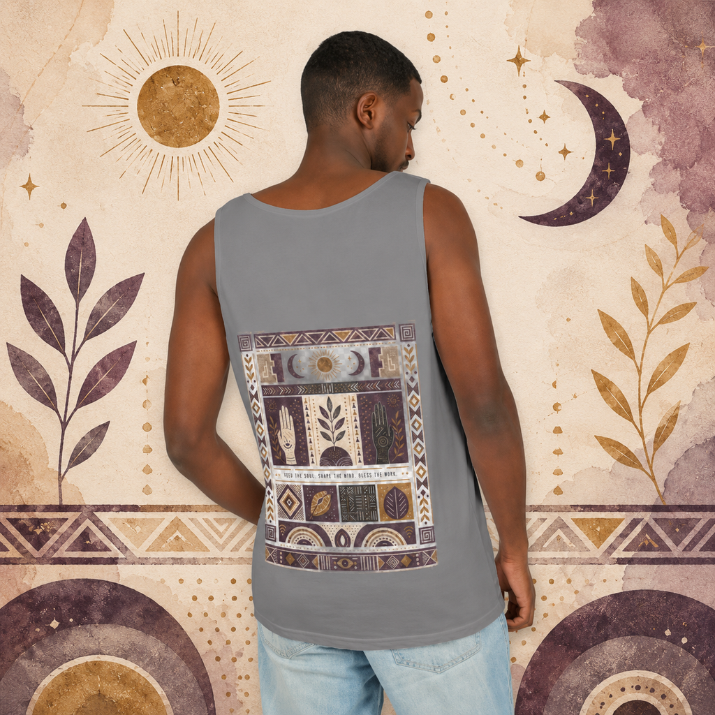 Back view of a man wearing a grey Soul & Hands tank top with an African-inspired celestial and botanical graphic.