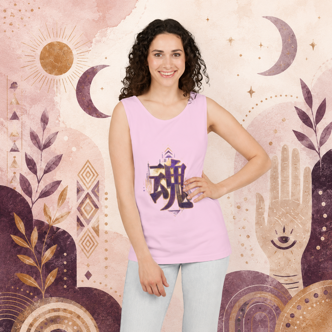 Woman wearing a pink Soul & Hands tank top with a centered purple-and-gold kanji soul graphic.