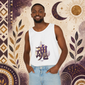 Man wearing a white Soul & Hands tank top featuring a large purple-and-gold kanji soul design.