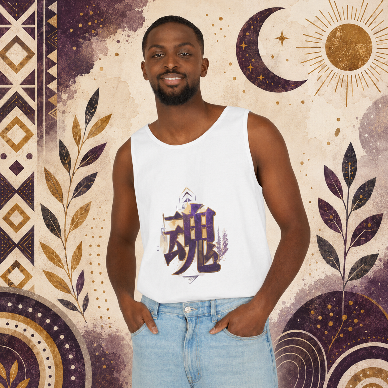 Man wearing a white Soul & Hands tank top featuring a large purple-and-gold kanji soul design.