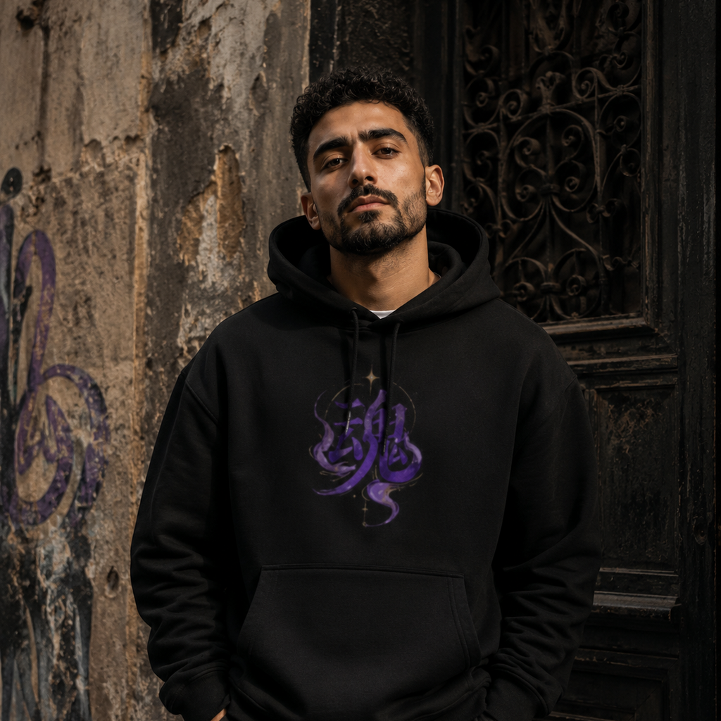 Man wearing a black Soul & Hands hoodie featuring a bold purple kanji soul graphic on the chest.