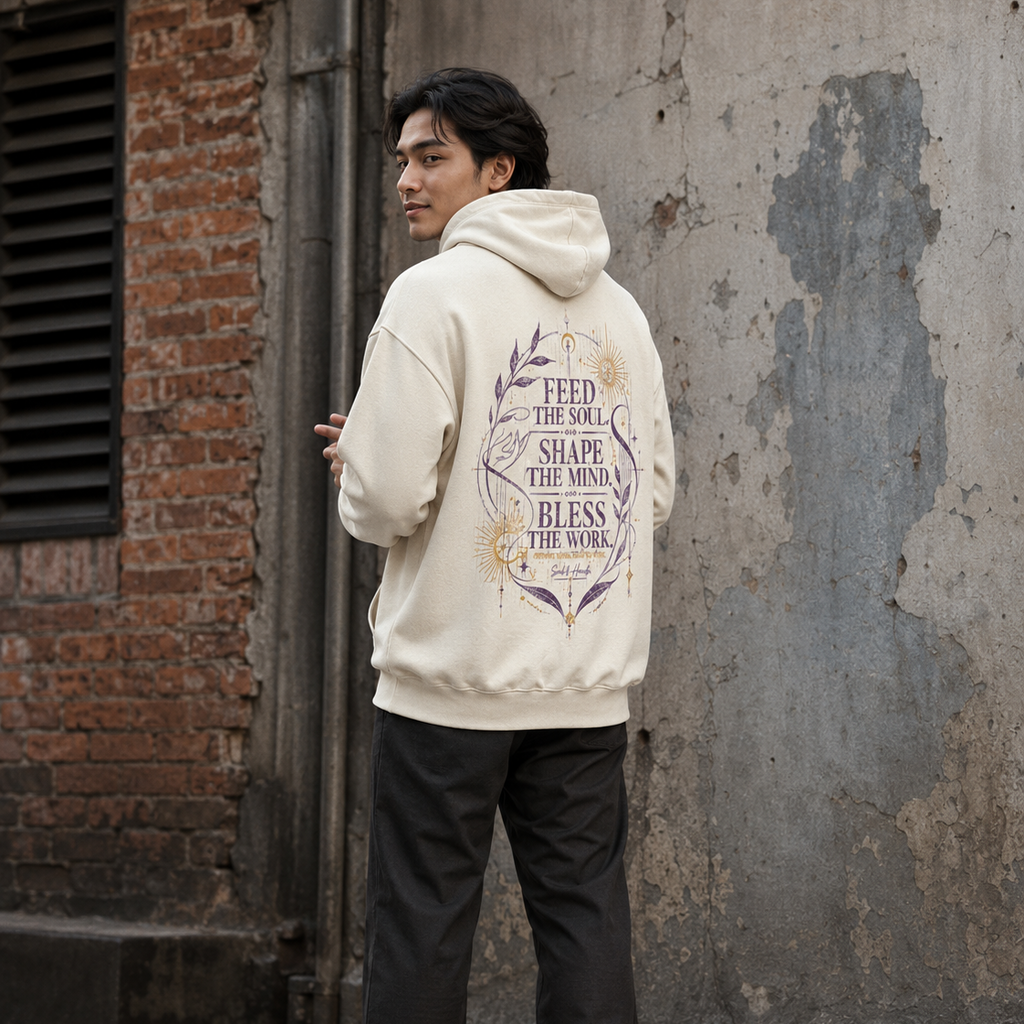 Back view of a cream Soul & Hands hoodie with purple-and-gold Feed the Soul botanical and celestial artwork.
