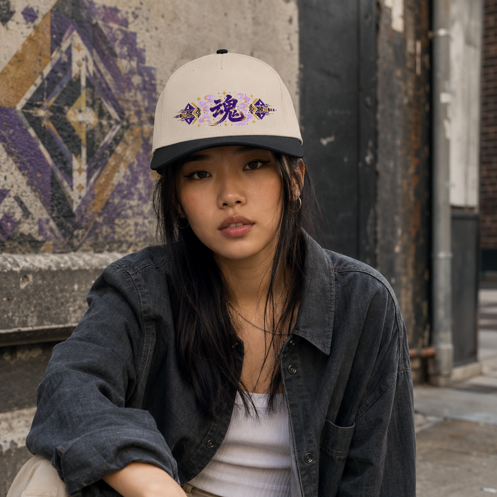 Close-up of a woman wearing a cream Soul & Hands cap with a black brim and purple-and-gold kanji soul graphic.