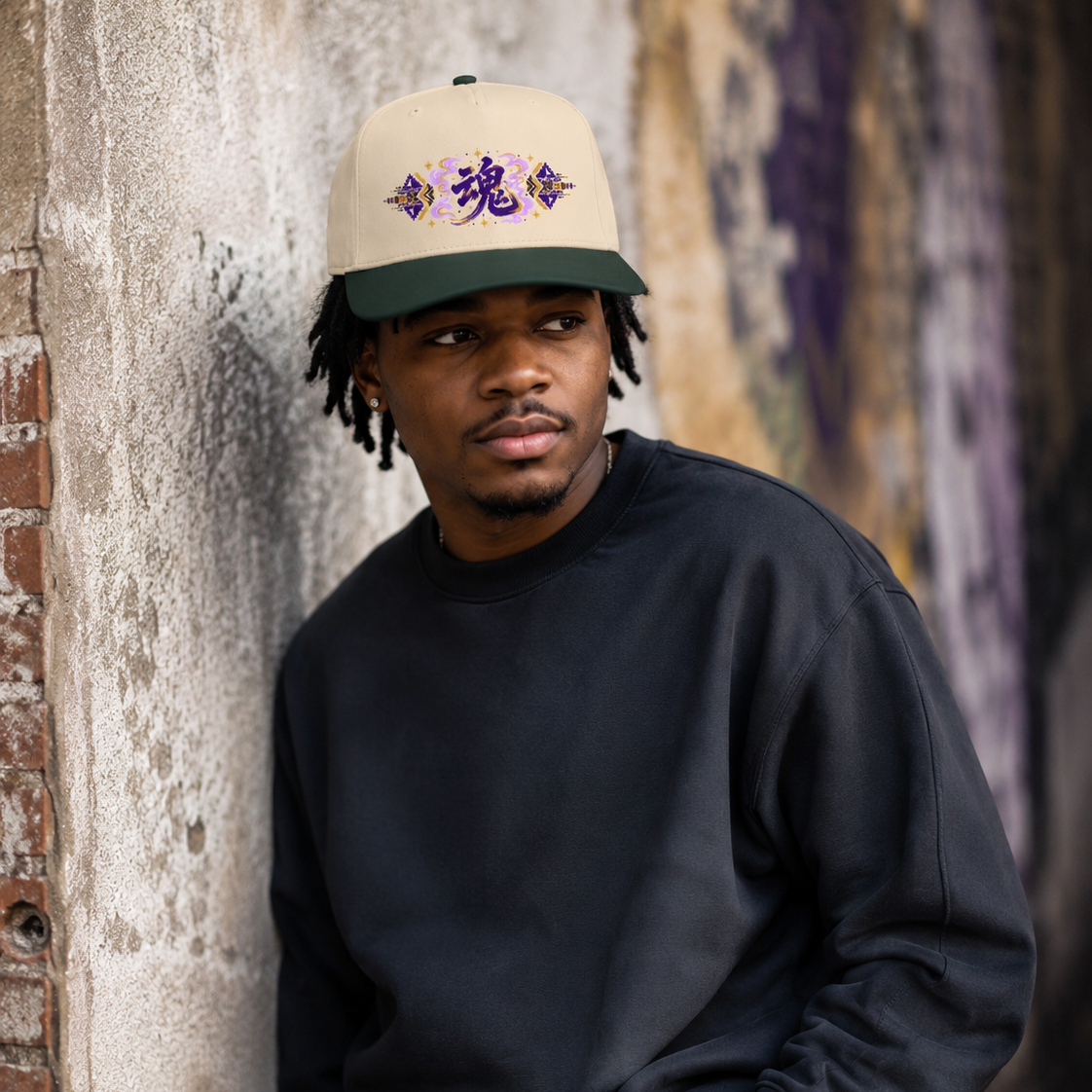 Man wearing a cream Soul & Hands cap with a dark green brim and purple-and-gold kanji soul graphic.