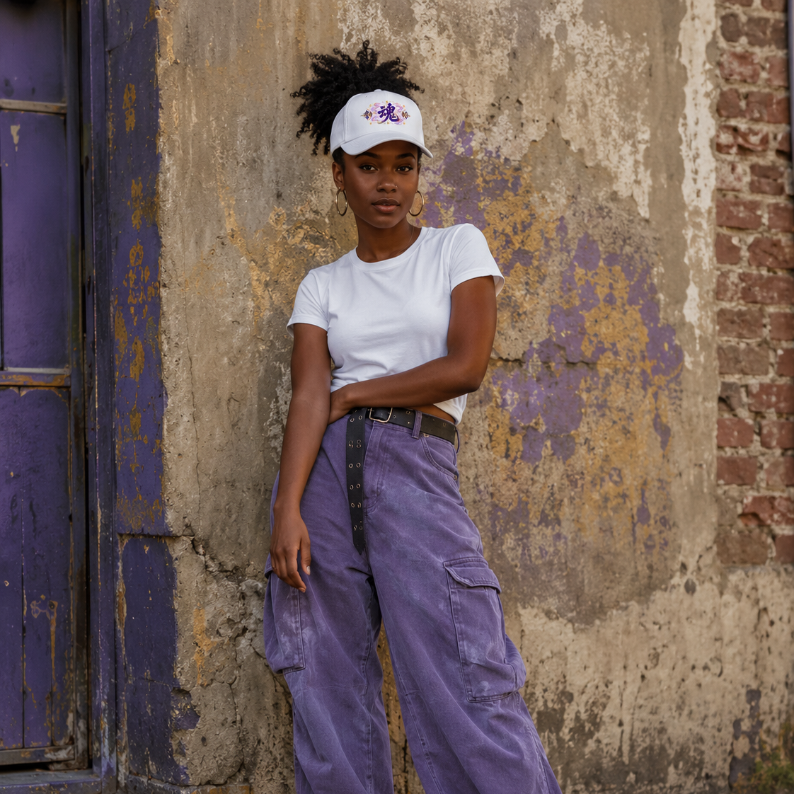 Woman wearing a white Soul & Hands cap with a purple-and-gold kanji soul graphic, styled with purple cargo pants.