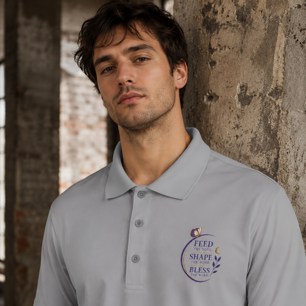 Close-up of a man wearing a grey Soul & Hands polo shirt with a purple Feed, Shape, Bless chest graphic.