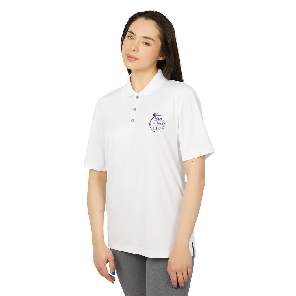 Woman wearing a white polo shirt with a logo on a white background