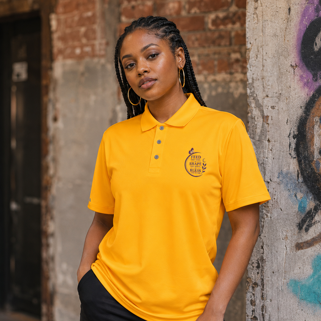 Woman wearing a yellow Soul & Hands polo shirt with a purple inspirational butterfly and botanical chest design.