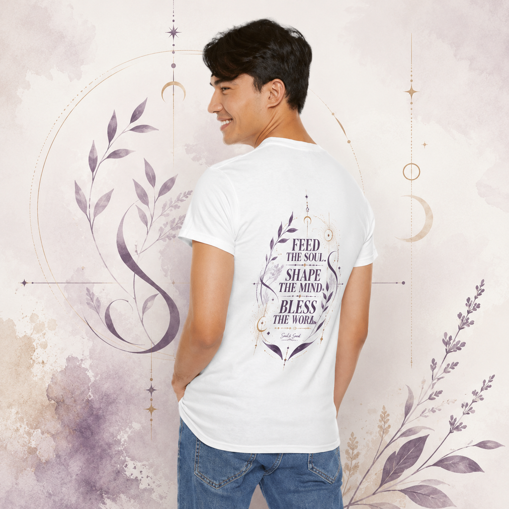 Man modelling a white Soul & Hands T-shirt with a large purple botanical and celestial inspirational back graphic.