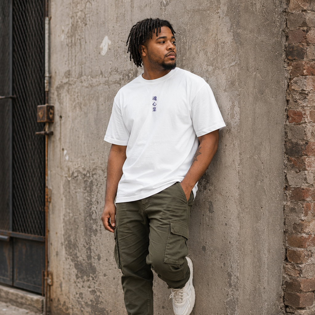 Man wearing a white Soul & Hands T-shirt with small vertical purple Japanese kanji lettering on the chest.