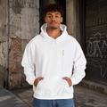 Man wearing a white Soul & Hands hoodie with small vertical gold Japanese kanji lettering on the chest.