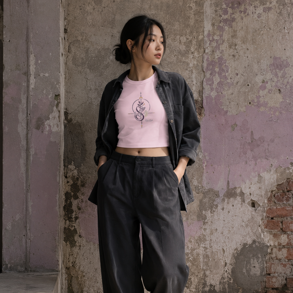 Woman wearing a pink Soul & Hands crop T-shirt featuring a purple botanical infinity emblem on the front.