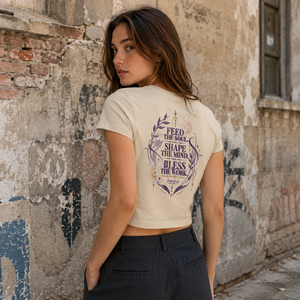 Back view of a woman wearing a sand Soul & Hands crop T-shirt with purple Feed the Soul, Shape the Mind, Bless the Work artwork.