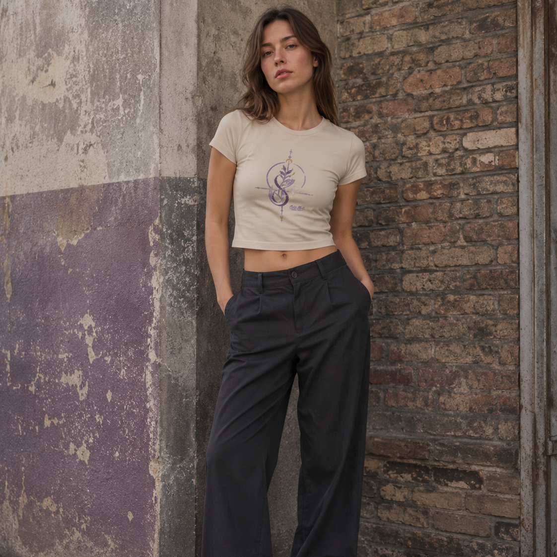 Woman wearing a sand Soul & Hands crop T-shirt with a centered purple botanical infinity emblem.